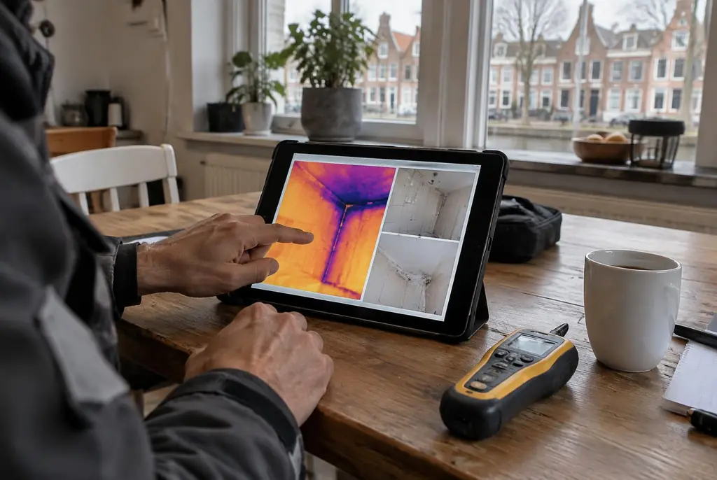 Lekdetectie Den Bosch – lekdetectierapport met warmtebeelden en foto's op een tablet