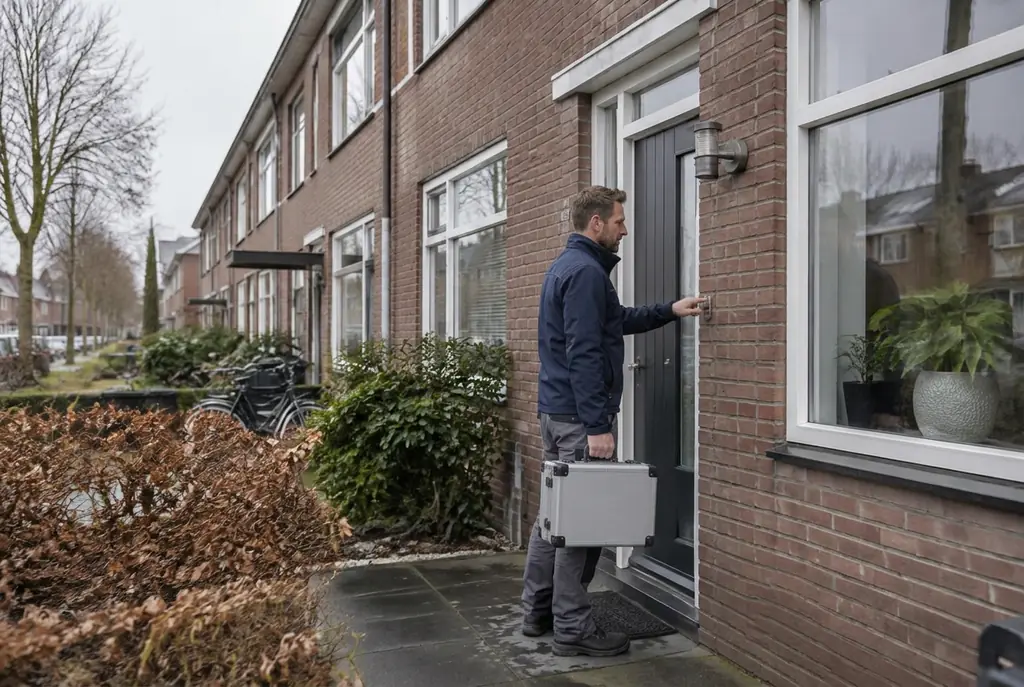 Lekdetectiespecialist met meetkoffer bij de voordeur van een woning in Den Bosch